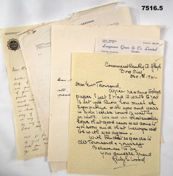 Various letters of Sympathy for Mervyn Clive Townsend.