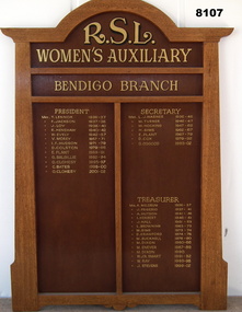Honour Board - WOMENS AUXILIARY BENDIGO RSL HONOUR BOARD, Bendigo RSL Sub Branch, C.1936 onwards