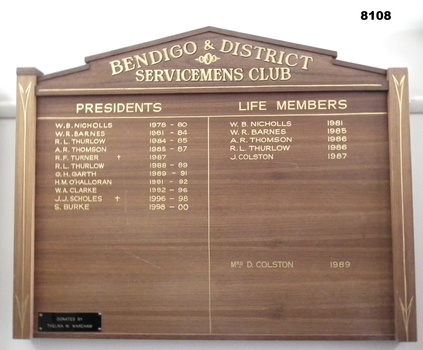 Honour board Bendigo District Servicemen’s Club.