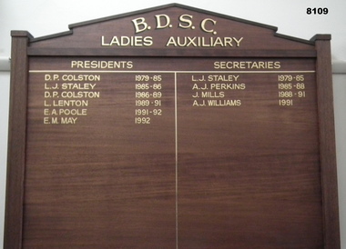 Honour board re Womens Auxiliary BDSC