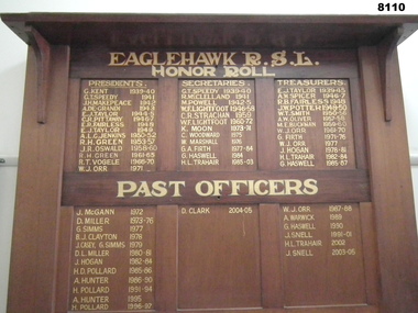 Honour board Eaglehawk RSL Sub branch.