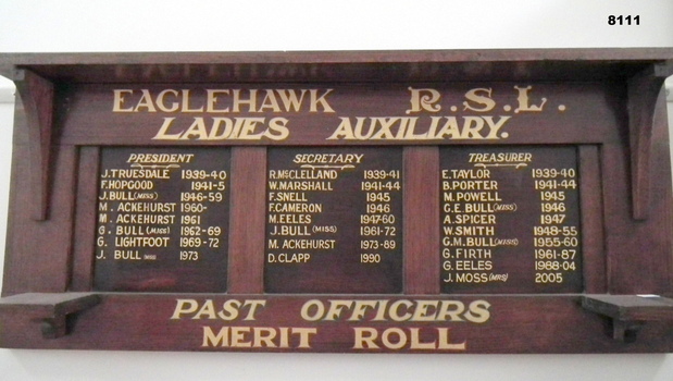Honour Board Eaglehawk Womens Auxiliary RSL.