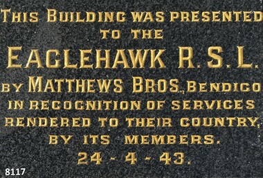 Plaque re Eaglehawk RSL Building.