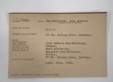 Individual enlistment card for Bendigo area.