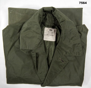 Green plastic waterproof coat with belt.