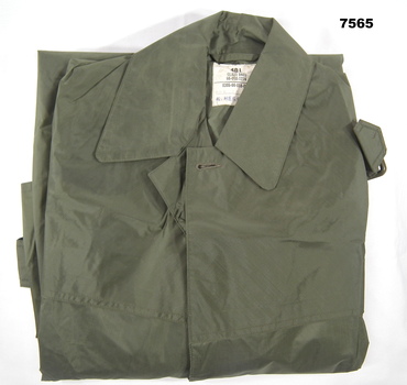 Green plastic waterproof coat with belt.