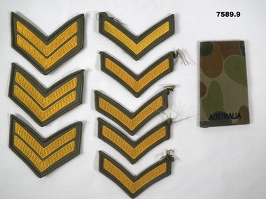 Army uniform chevrons or rank stripes and shoulder epaulette.
