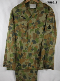 Army camouflage shirt and trousers.