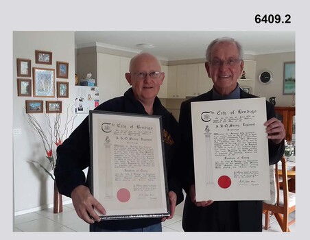 Two Original Copies of the ASR Freedom of Entry Certificate, Gary Warnest President ExFortuna Survey Assoc (left), Mr Ian Wallace certificate Producer (right)