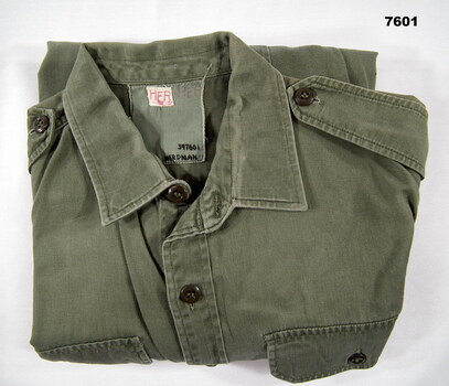 Green Army work dress shirt with long sleeves.