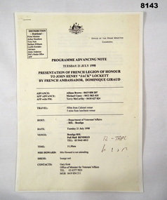 Programme - PRESENTATION OF FRENCH LEGION OF HONOUR, Office of the Prime Minister, pre 21.7.1998