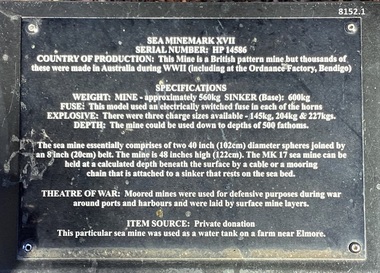 Plaque re details of a Sea Mine.