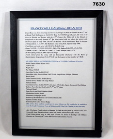 Framed document biography of F.W. Dean.