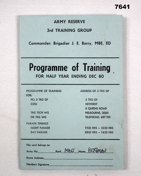 Pocket diary of training dates for the Army Reserve.