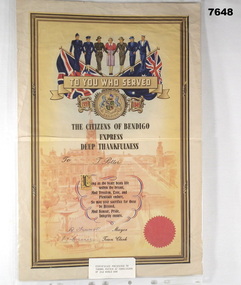 Certificate - CERTIFICATE FROM COUNCIL, Bendigo City Council, c1945