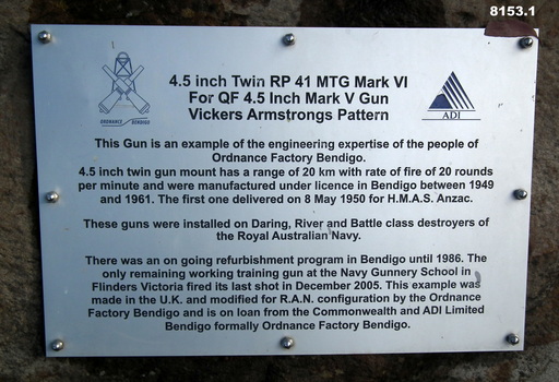 Plaque with description of the 4.5 inch twin Naval Gun.