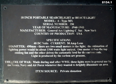 Plaque with details manufacture and use re search light.