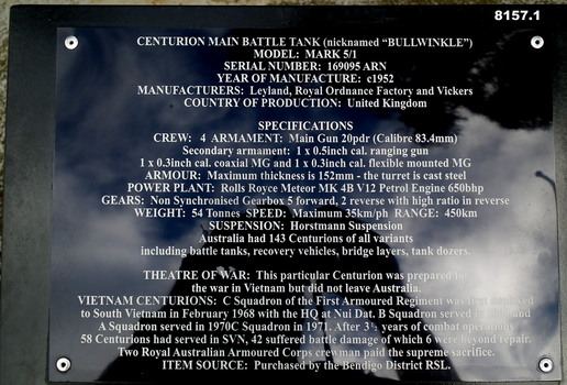 Plaque with details re the Centurion Tank.