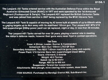 Plaque with details re the Leopard Tank
