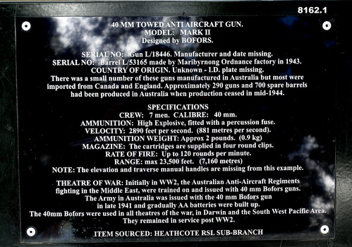 Plaque with details re the Bofor gun