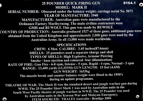 Plaque with details re the gun.