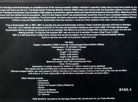 Plaque with details re the Bush Master.