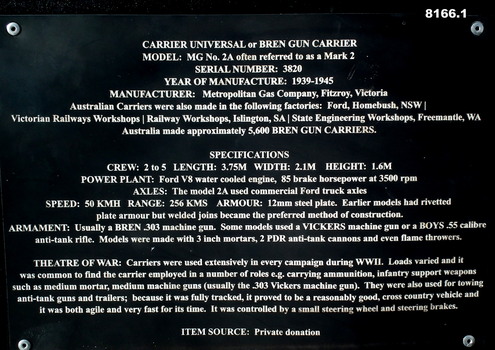 Plaque with details the Bren Gun Carrier.