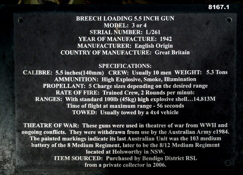 Plaque re details of the Breech loading weapon.
