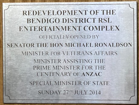 Plaque re the re development of the Bendigo District RSL.