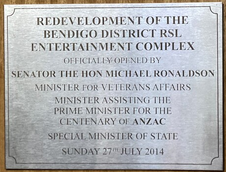 Plaque re the re development of the Bendigo District RSL.