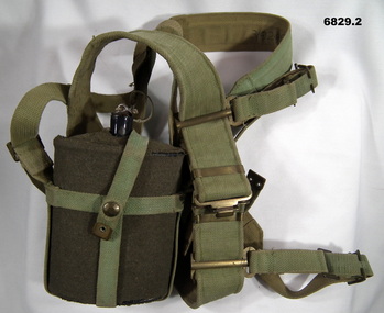 Webbing straps with water bottle.