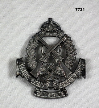 Silver coloured metal badge featuring crossed rifles and King's crown.