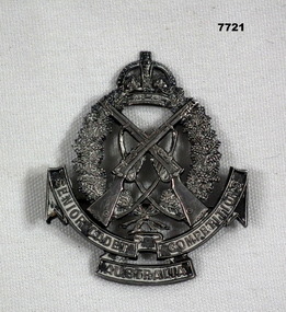 Silver coloured metal badge featuring crossed rifles and King's crown.