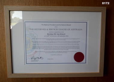 Certificate re BendigoRSL being 100 years old