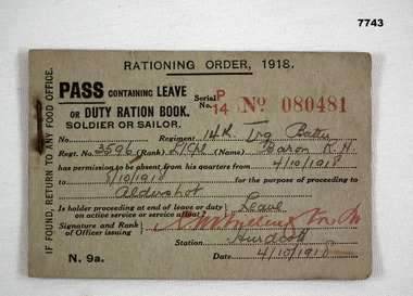 WW1 Leave Pass containing a duty ration book.