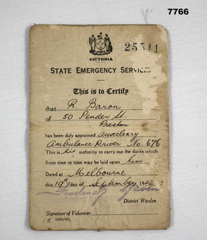 Blue coloured folded State Emergency Services Identity card.