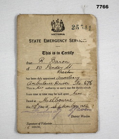 Document - IDENTITY CARD, State Emergency Services, 19 Sept 1942