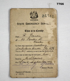 Blue coloured folded State Emergency Services Identity card.