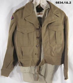 Khaki Battle Dress Jacket, shirt, hat, tie and lanyard.