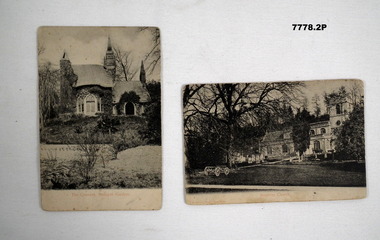 Two black and white postcards with handwritten anecdotes.