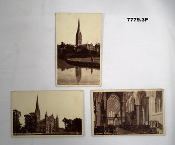 Series of four black and white postcards featuring a cathedral.