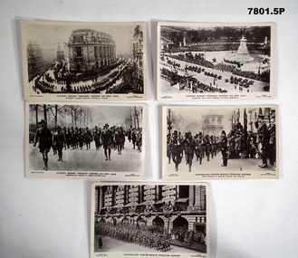 Five black and white postcards featuring troops marching through London.