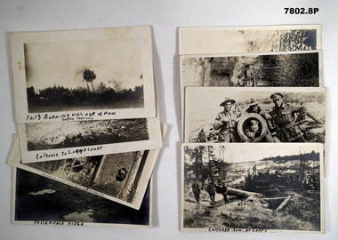 Series of eight black and white postcards featuring WW1 French battle scenes.