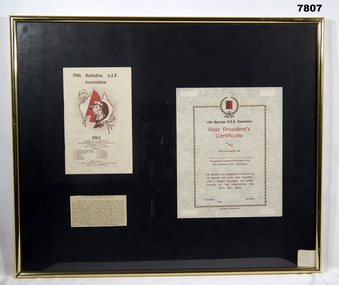 Framed Certificate for the 59th Battalion Association.