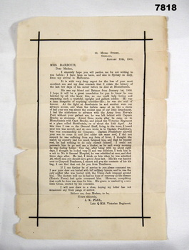 Letter of condolence to the mother of a soldier who died during the Boer War.