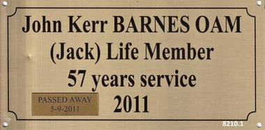 Recognition plaque Jack Barnes OAM