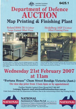 Auction Flyer, Blue, Photos of Printing Presses and lists of equipment front