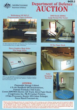 Auction Flyer, Blue, Photos of Printing Presses and lists of equipment back