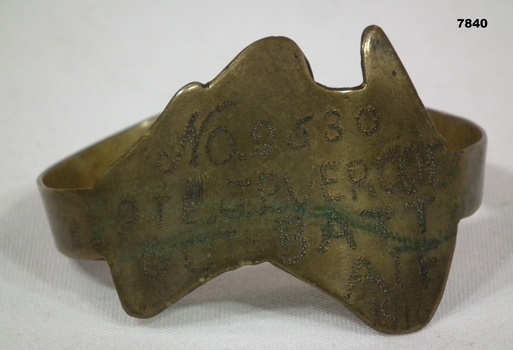 Brass outlined map of Australia fashioned into a bracelet.