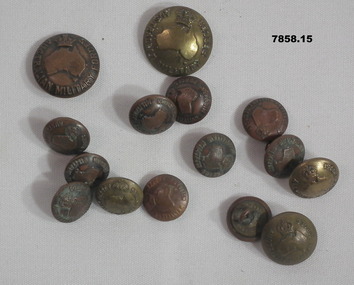 Collection of fifteen copper coloured army uniform buttons.